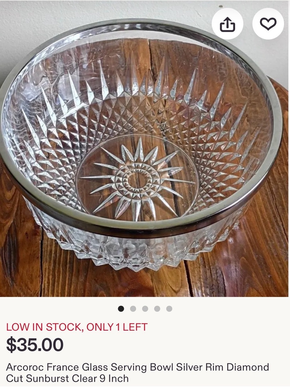 Arcoroc France Clear Glass Serving Bowl with Silver Rim diamond cut sunburst